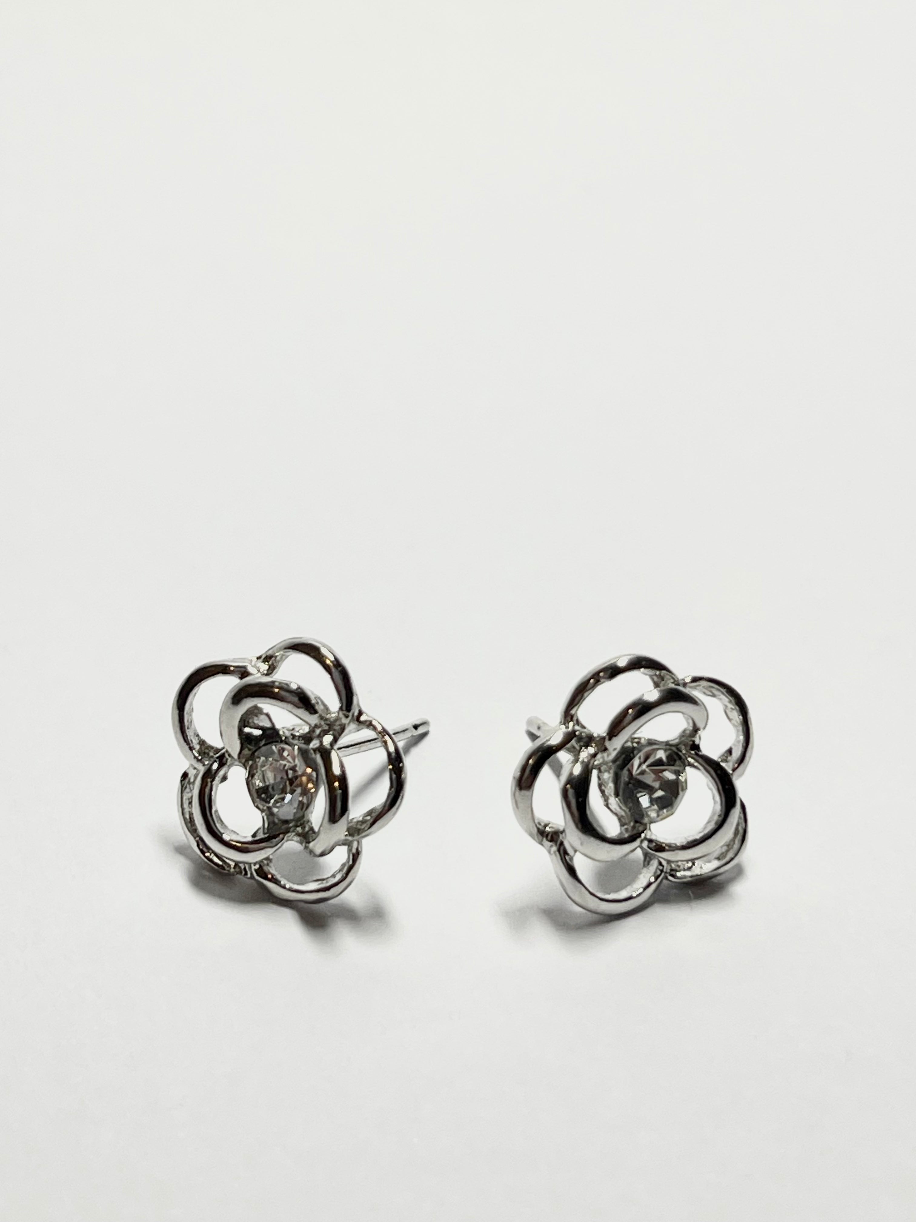 Silver Floral Crystal Stud Earrings