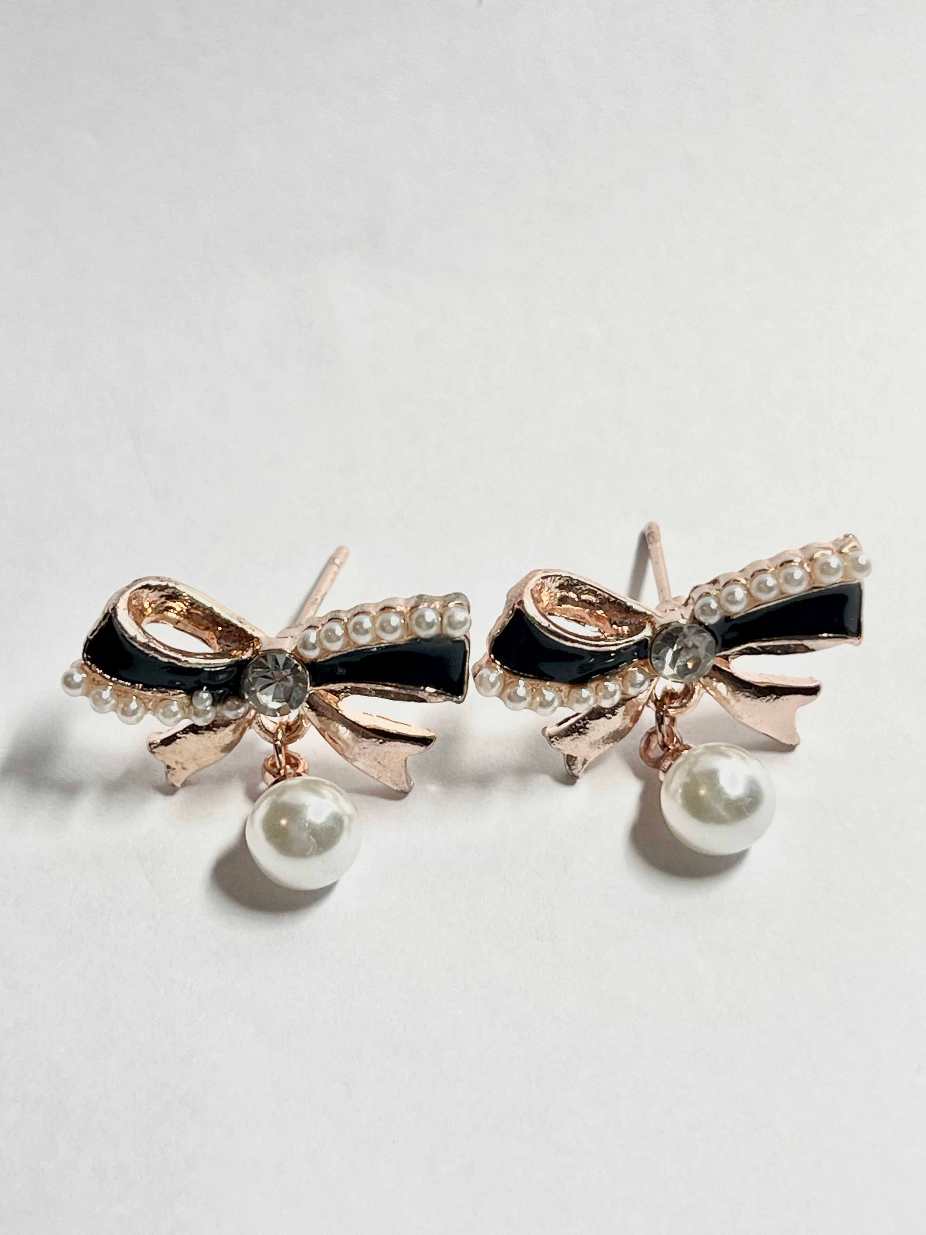 Pearl Bow Charm Earrings